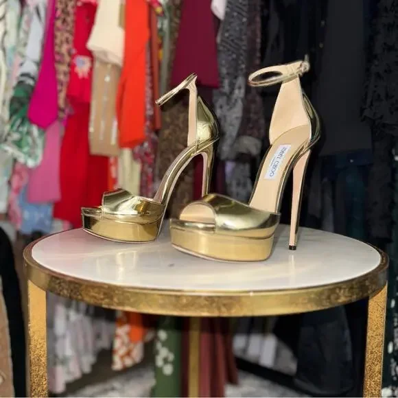 Jimmy Choo Gold Max 150 Mirrored-Leather Platform Stiletto Heel